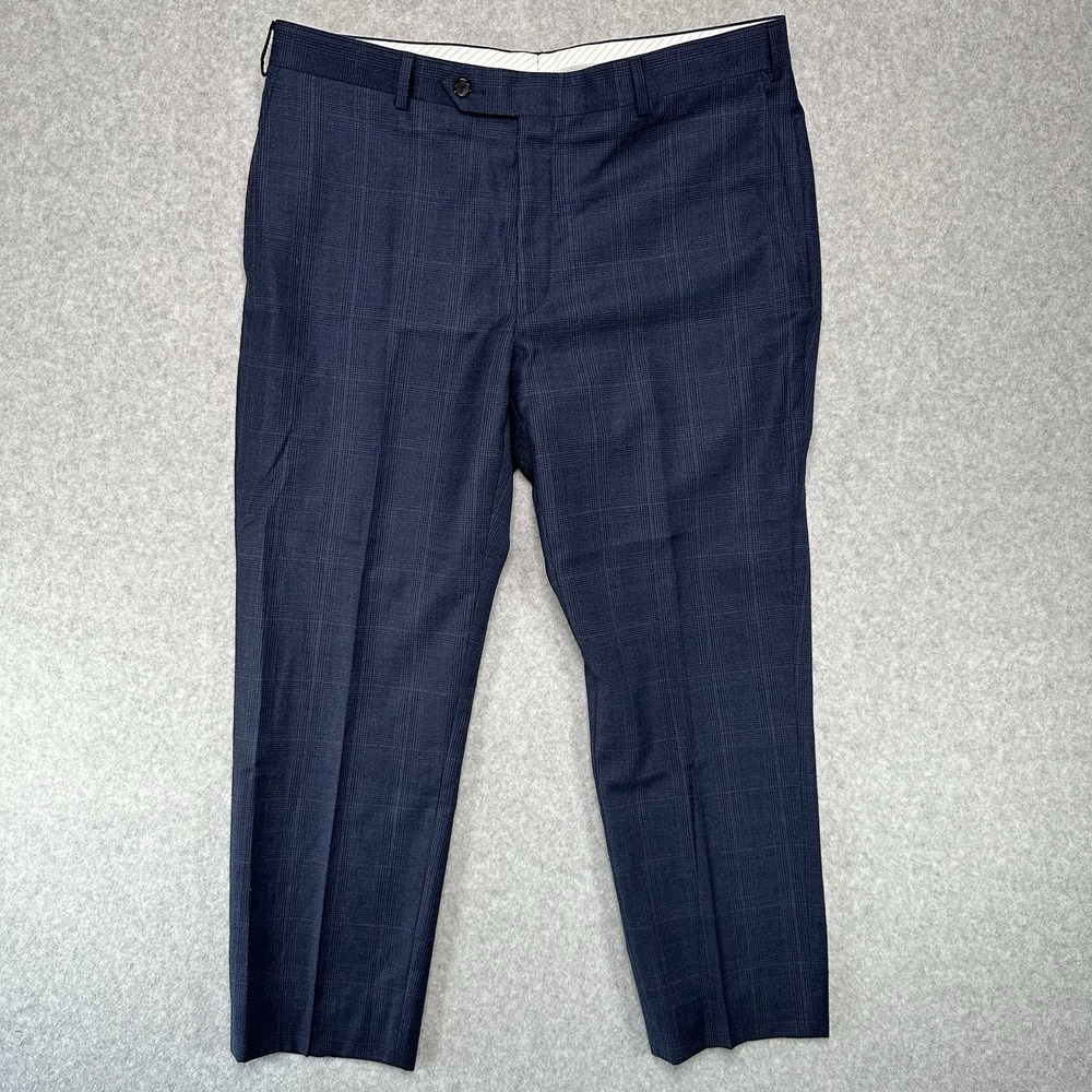 Samuelsohn Men's Wool Dress Pants Navy‎ Glen Plaid 37x27 Tailored Flat Front